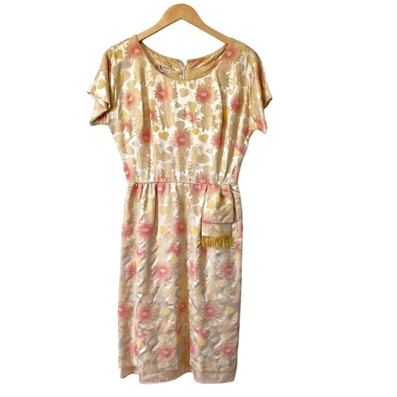 Vintage 60s R&K Originals Cocktail Party Dress Gold Lame Tan Pink Floral S / M